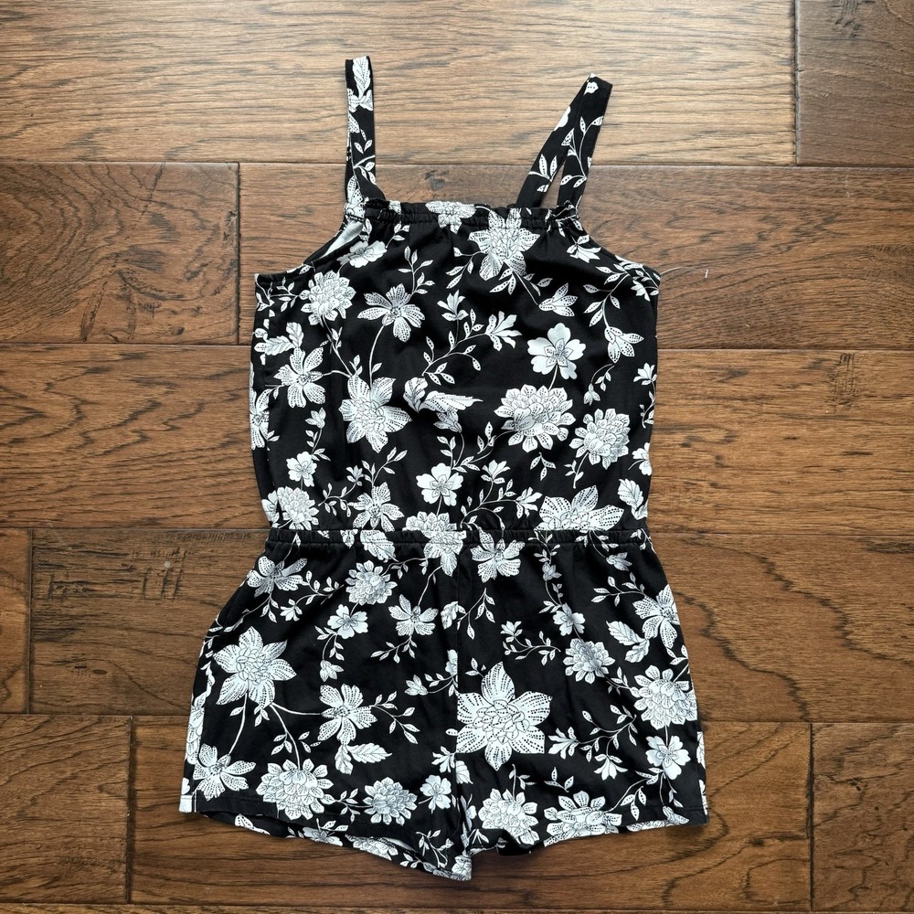 The Children's Place Romper Cotton Floral Casual Black White Size XL 14